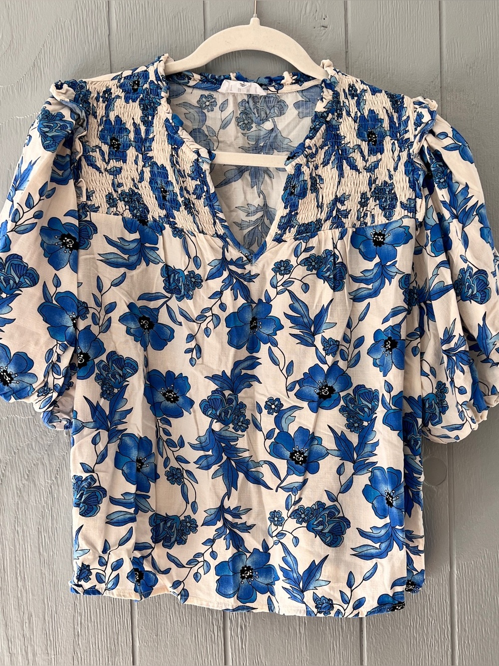 THML Women Blue White Balloon Short Sleeve Blouse L
